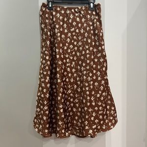 Sienna Sky Brown Floral Satin A-Line Midi Skirt